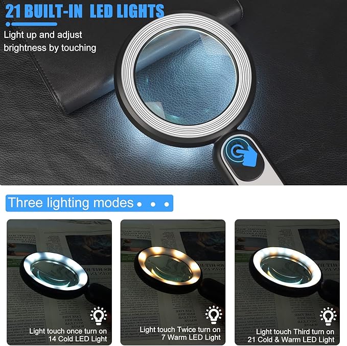 Rechargeable Magnifying Glass with Light, 30X 4.7IN Handheld Large Lightweight Lighted Magnify Len 21 LED 3 Modes Illuminated Book Magnifier forSenior,Reading,Inspection,Coin,JewelryChristmasGift