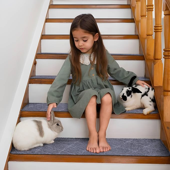 15 PCS Non Slip Stair Treads for Wooden Steps – 8"x30" Indoor Non Slip Stair Treads, Carpet Stair Mats with Self-Adhesive Backing, Removable & Machine Washable – Light Grey Pattern