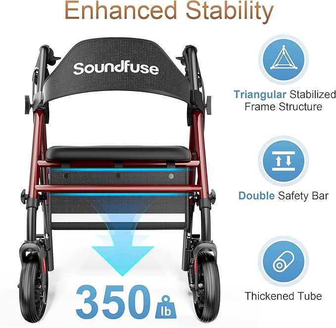 Rollator Walkers with Seat for Seniors, Foldable 8" Big Wheels All Terrain Rolling Walker, Handles and Ergonomic Seat Height Adjustable, 350lb Weight Capacity