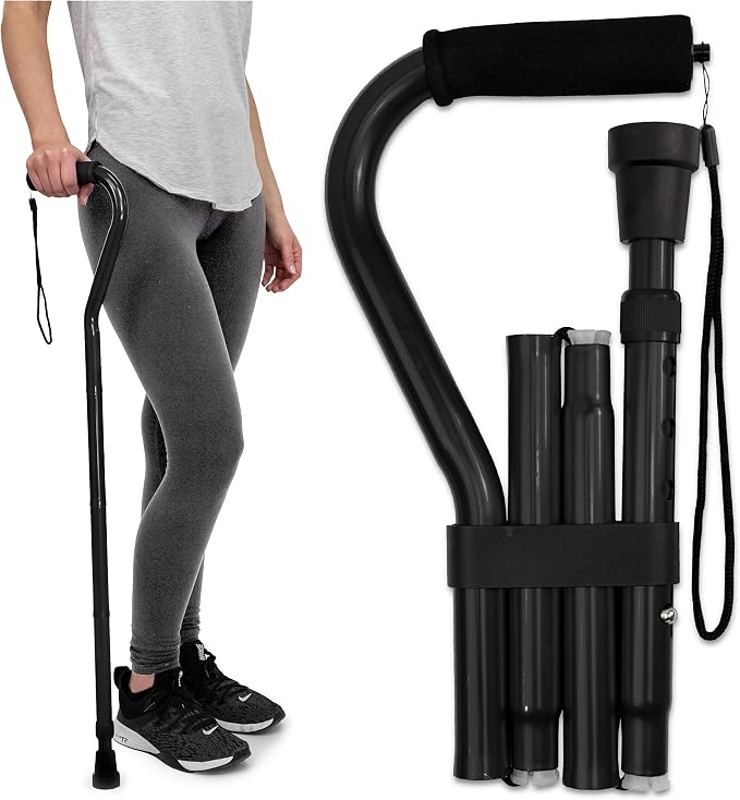 RMS Folding Cane with Offset Foam Handle, Adjustable Walking Stick with Carrying Pouch (Black)