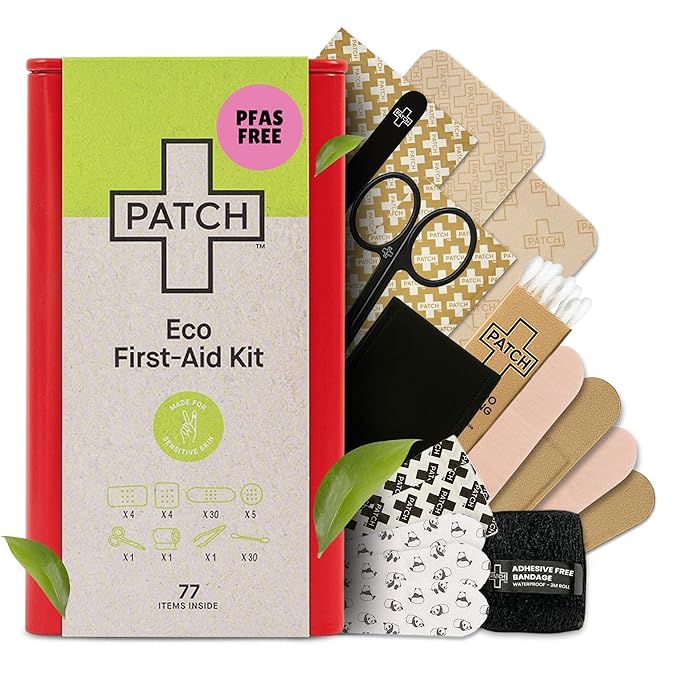 Patch Eco First Aid Kit, Assorted Hypoallergenic Adhesive Sizes Large and Small Bandages for Sensitive Skin, Essential Medical Supplies in a Reusable Tin, Latex Free, Sensitive Skin Bandages, 77 ct | Reusable, Assorted Adhesive Bandages, Wound Spray fo...