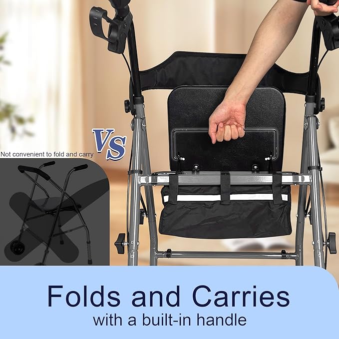 Foldable Rollator Walker with Seat for Seniors, All-Terrain Wheels, 350lb Capacity, Reinforced Inner Metal Rod for Easy Folding & One-Hand Carry, Lightweight Rolling Walker - Grey