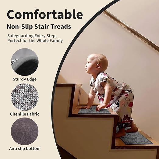 Non-Slip Carpet Stair Treads 1PCS, 30"x30" Peel and Stick Stair Runner for Wooden Steps Indoor, Washable Reusable Adhesive Backing, Pet-Friendly Safety Mats for Kids, Elders, Dogs