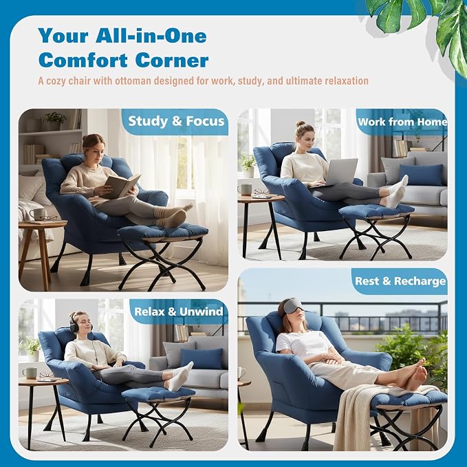 Lazy Chair with Ottoman, Comfy Reading Chair for Bedroom, Blue | Comfy Bedroom Accent Chair with Washable Removable Cover and extra throw pillow for Living Room Dorm