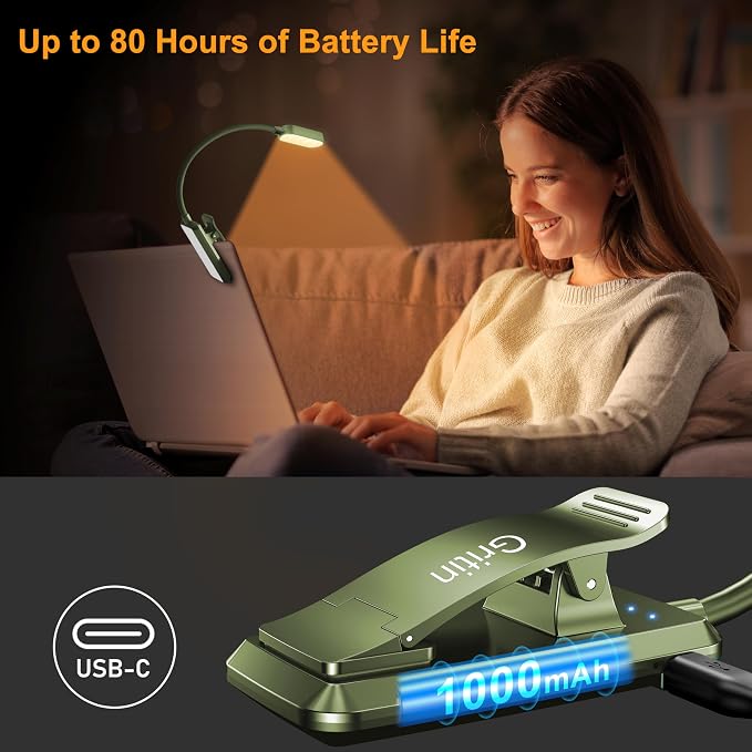 Gritin 16 LED Rechargeable Book Light for Reading in Bed | Eye Caring 3 Color Temperatures, Stepless Dimming Brightness, 80 Hrs Runtime, Lightweight Flexible Clip on Light-Dark Green