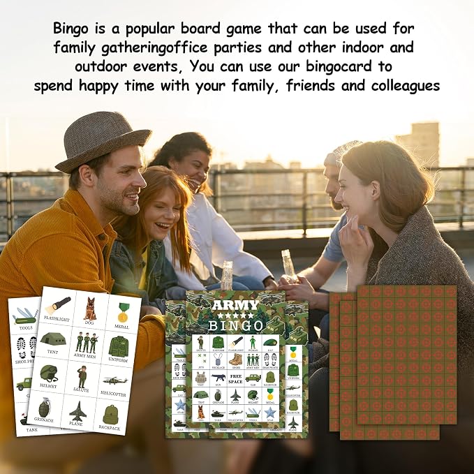 Army Party Bingo Game Cards, Camo Military Bingo Set for Adults Large Group, Camouflage Soldier Fun Party Games, Camo Army Activities Icebreaker Games for Family Friends, 06