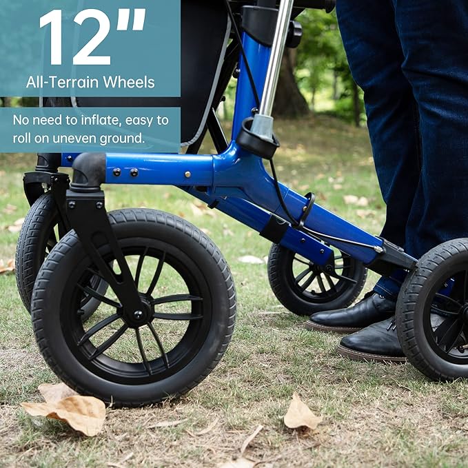 ELENKER All-Terrain Rollator Walker with Non-Pneumatic Tire 12” Front Wheels, Compact Folding Design for Seniors, Blue