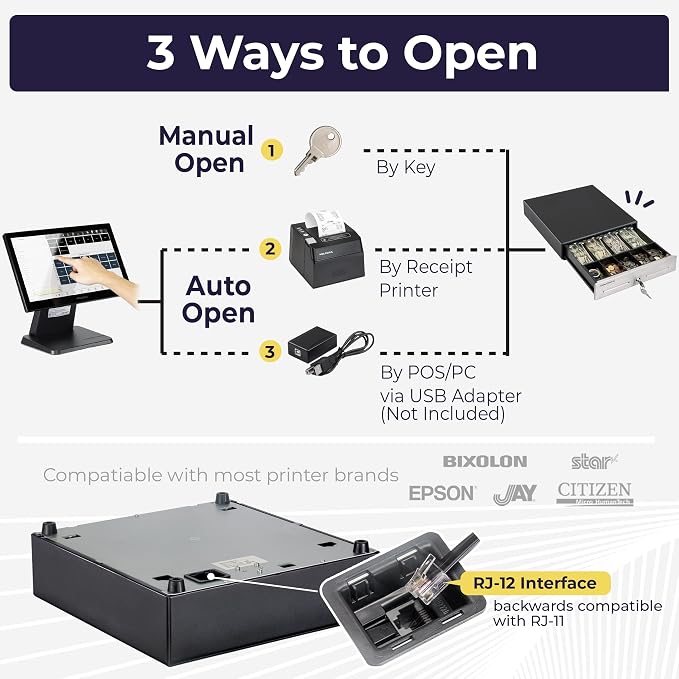 Volcora 13" Cash Register Drawer for Point of Sale (POS) System, 4 Bill 5 Coin Cash Tray, Black and Stainless Steel Front Cash Drawers, Removable Coin Compartment, 12-24V, RJ11/RJ12 Key-Lock