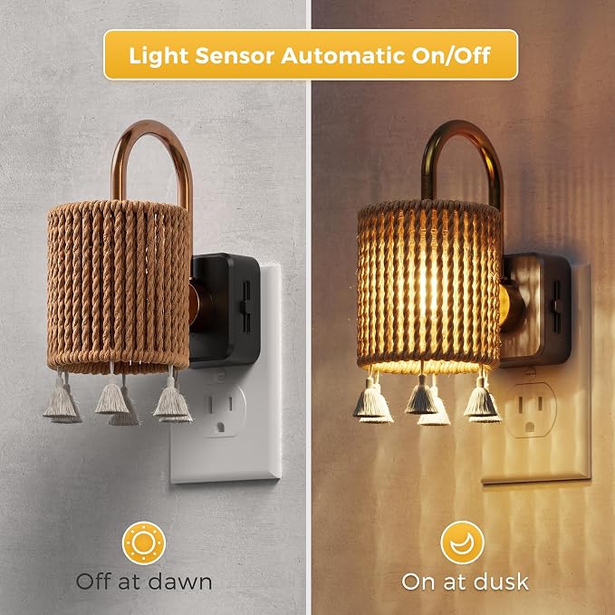 L LOHAS LED Night Lights Plug into Wall, Boho Fabric Cylinder Night Light | Decor Nightlight with Tassel,Dusk to Dawn Sensor,0-100LM Dimmable Vintage Night Lights for Bedroom,Living Room,Hallway