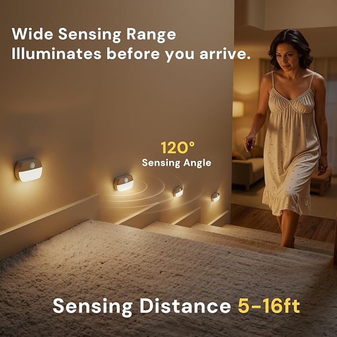 L LOHAS LED Motion Sensor Step Lights Indoor, Battery Operated Stair Lights | Warm White 3000K, Wireless Stick-On LED Night Lights for Hallway, Bedroom, Under Cabinet, Kitchen, 8 Pack