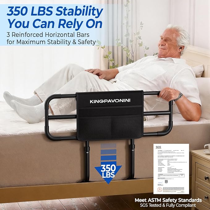 Bed Rail with Extendable Handle 350 LBS Capacity, Model BS09 | ASTM-Approved, Adjustable Bed Rails for Elderly Adults Safety, Tool-Free Bed Cane for Seniors & Post Surgery, Storage Bag