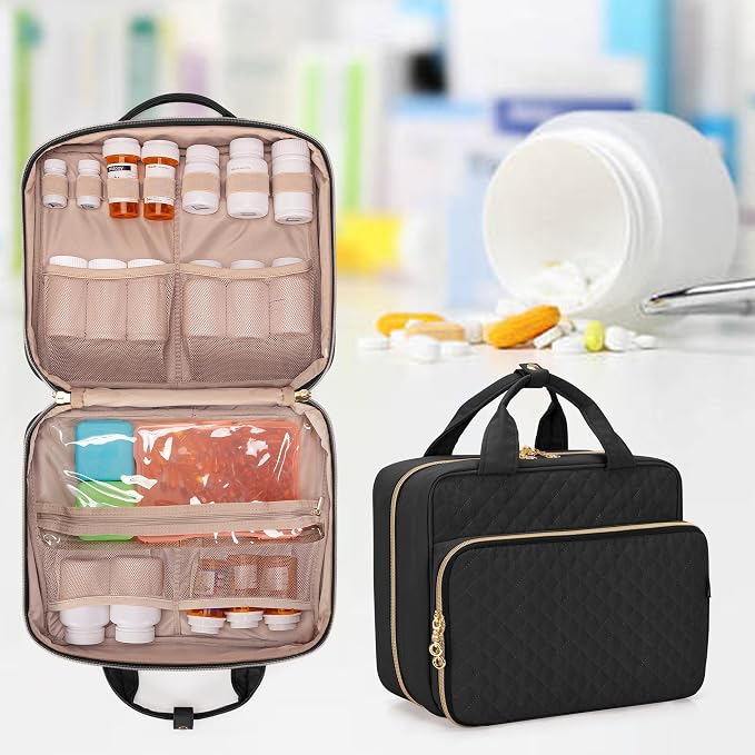 Damero Pill Bottle Organizer, Travel Medicine Bag Organizer, Black | Medicine Organizer and Storage for Pills, Vitamin, Fish Oil, Medical Supplements for Women and Men