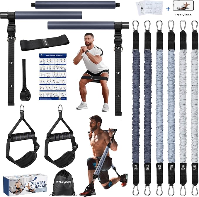 Upgraded Pilates Bar Kit with Resistance Bands Natural Latex for Women & Men, Heavy-Duty Stainless Steel Multifunctional Yoga Pilates Stick for Home Gym Exercise Fitness Equipment Full-Body Workouts