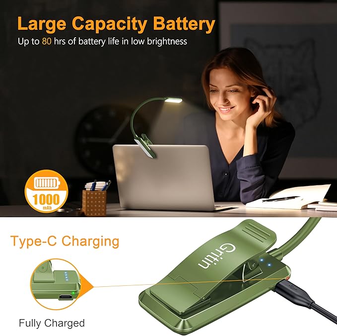 Gritin 9 LED Rechargeable Book Light for Reading in Bed - Eye Caring 3 Color Temperatures,Stepless Dimming Brightness,80 Hrs Runtime Small Lightweight Clip On Book Reading Light -Intense Green