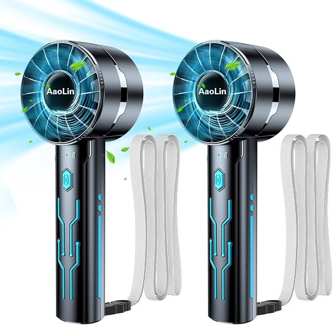 AaoLin 2pcs Portable Handheld Turbo Fan with 7000rpm High-Speed Motor USB Rechargeable Cooling Personal Fan 4-Speed, 4-16H Runtime, with Lanyard for Outdoor Travel, Women, Kids, Summer Gift