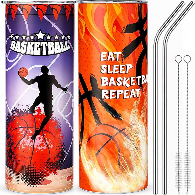 Geiserailie 2 Pack Basketball Tumbler Cups Gifts 20 oz Insulated Stainless Steel Sports Travel Mug with Lids Straws for Christmas Father's Day Men Dad Basketball Lovers Fans