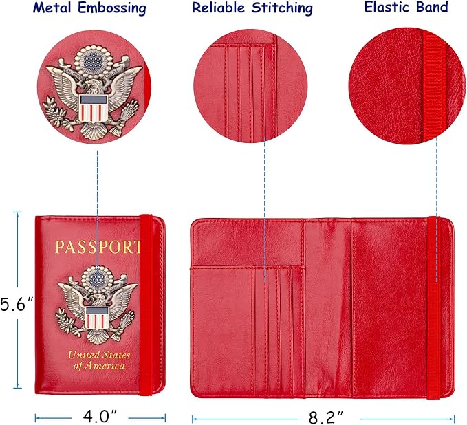 TOURSUIT RFID Blocking Passport Holder, Leather Travel Wallet, Red | Travel Document Holder Cover Accessories, 3D Metal Badge, For Women Men