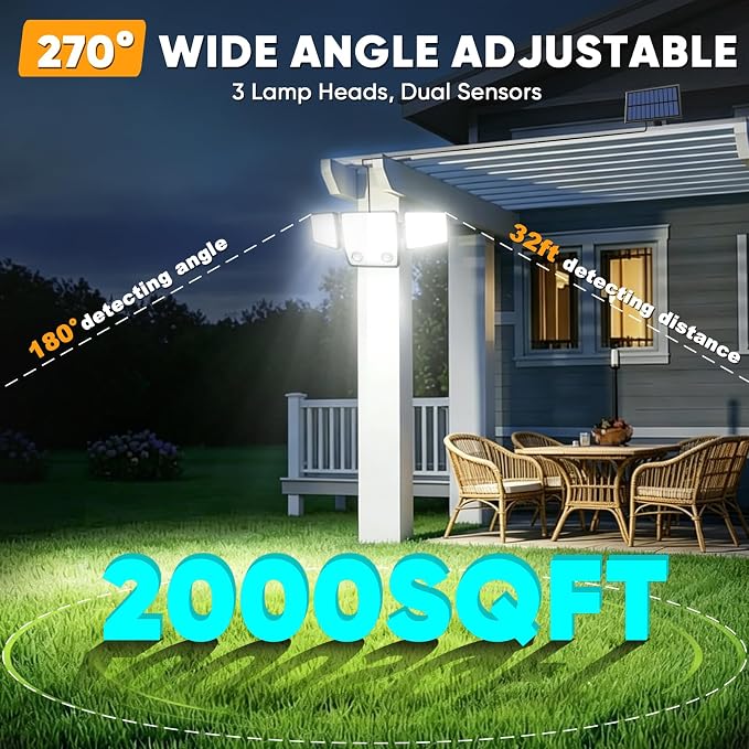 Split Solar Lights Outdoor Waterproof with Dual Motion Sensors - 15.7ft Cable 3000LM Solar Security Light for Garden Pathway, IP65 Waterproof Solar Flood Lights for Outside(Cool with Remote Control,3)