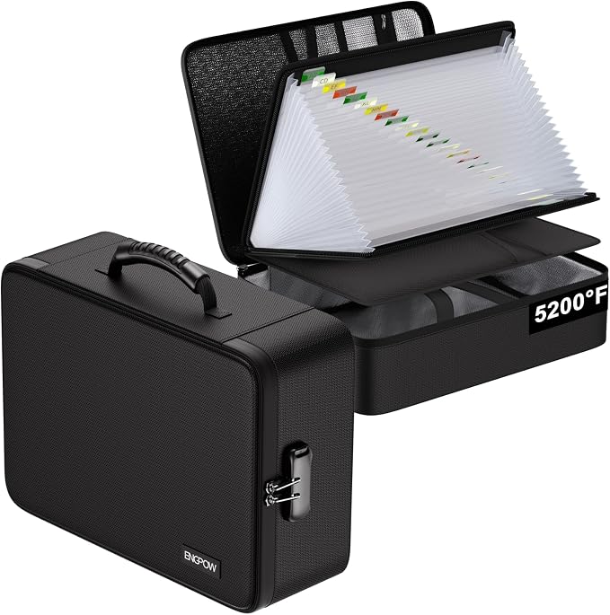 ENGPOW Fireproof Document Box with Lock,5200℉ Multi-Layer File Organizer | Soft Case,with 25 Pocket Accordion File Folder,Water Resistant,Storage for Important Documents,Laptop,for Home Office Travel