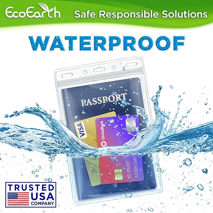 4x6 XXL Passport, ID, Name Card Holders - Vertical, Resealable, 250 PK | EcoEarth clear plastic waterproof passport holder with soft edge and zipper seal, 5 pre-punched holes for all lanyard clips