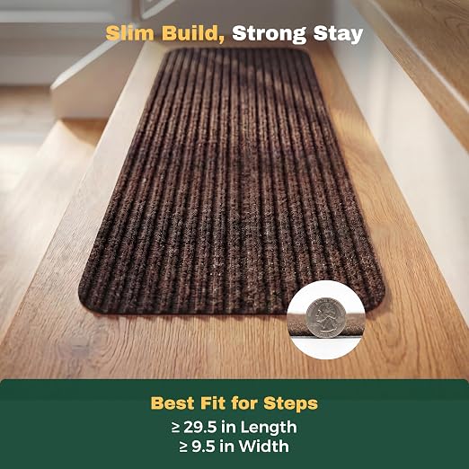 MBIGM Carpet Stair Landing Mat, 1 Pack, 2'6" x 2'6", Brown | Polyester carpet surface with PP mesh, nonwoven cushioning, and TPR adhesive backing for indoor stair coverage.