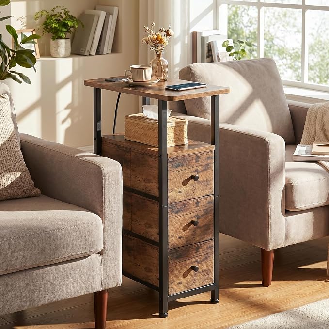 Narrow End Table with Charging Station, Small Nightstand | Skinny Side Tables Living Room with 3 Fabric Drawers, Slim Bedside Table for Bedroom, Small Spaces, Couch, Brown
