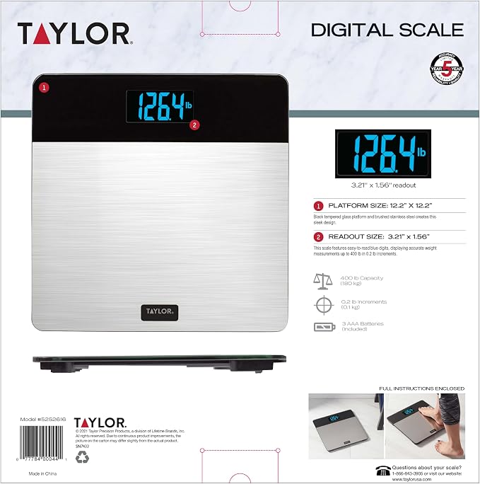 Taylor Digital Bathroom Scale for Body Weight, 400 lb Capacity, Tempered Glass Platform with Stainless Steel Accent, Large LCD Display, Weight Scale in Pounds Kilograms Stones, Set of 3