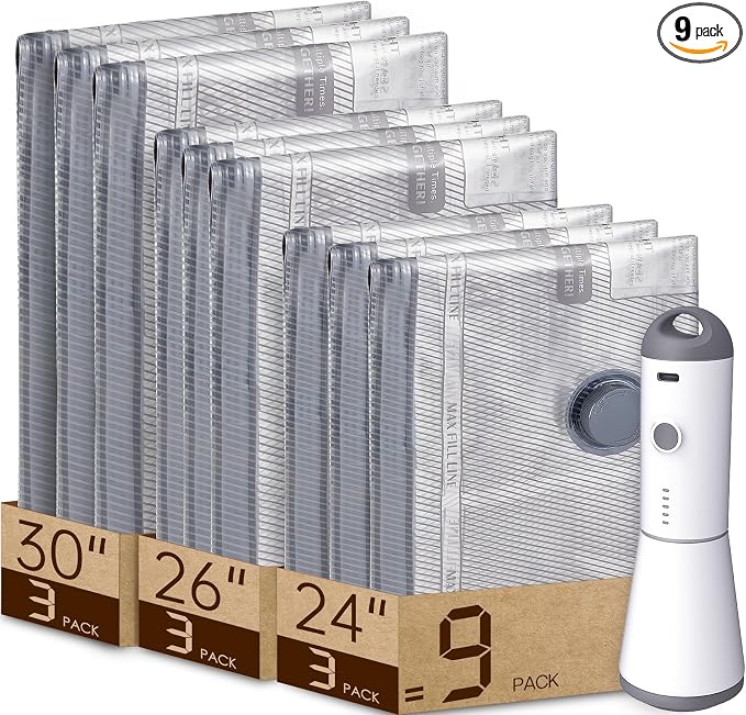 Vacbird Travel Vacuum Bags with Rechargeable Pump, Carry-On Space Saver | See Contents Easily with Transparent Bags, 1500mAh Pump Compresses 90+ Bags, Carry-On Size for Easy Travel Packing