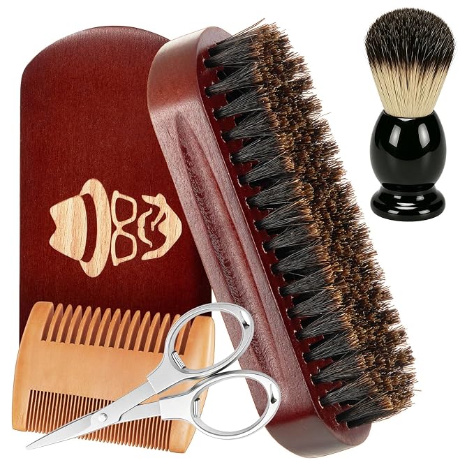 Beard Brush, Shaving Brush, Beard Comb, Beard Scissors Set | Beard Brush Set with 100% Boar Bristle Walnut Wood Beard Brush, Shaving Brush & Foldable Scissors, Gift for Men