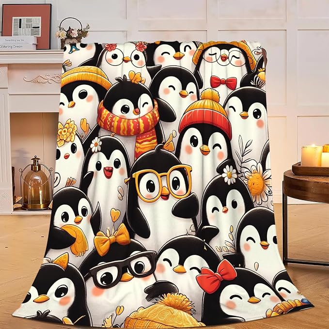 Funny Penguin Blanket Soft Warm Cute Kawaii Penguin Plush Throw Blanket Cozy Flannel Fuzzy Fleece Bedding Stuff Animal Decor Blanket Gifts for Lover Girls Boys Kids Teens Adults Women 40"x50"
