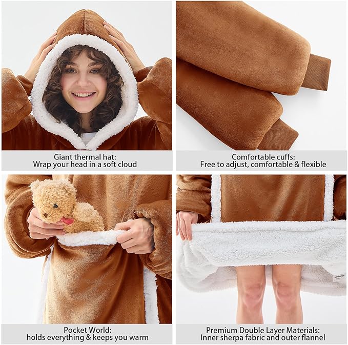 JOYWOO Caramel Wearable Blanket Hoodie,Oversized Cat Lovers Sweatshirt Blanket for Adult & Teens,Birthday Gifts for Women Mom Girls,Cozy Sherpa Blanket Giant Pocket Gifts,Caramel Small