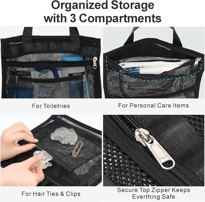 Small Mesh Shower Caddy Portable - Zipper Gym Shower Bag for Travel, Black | 3 Pockets, Quick-Dry Mesh, S-Hook, Hanging Shower Caddy for Toiletry Essentials, Bathroom & Camping