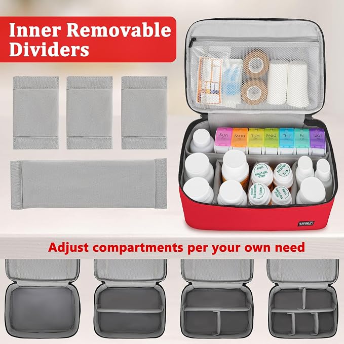 LEFOR·Z Medicine Storage Bag,Double Layers Pill Bottle Organizer Bag Empty with Lockable Zipper&Adjustable Divider,Medication Travel Carrying Bag for Pills,Vitamins,Medical Supplies,Red