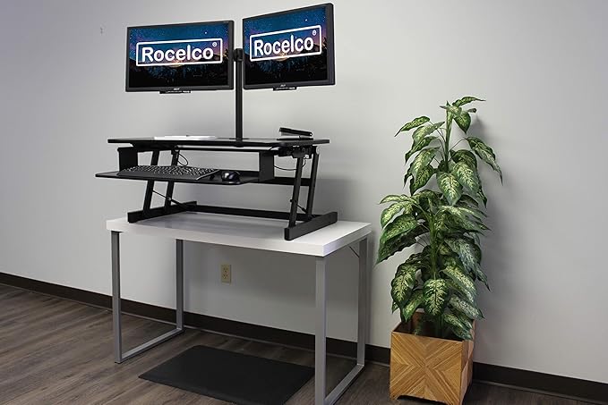 Rocelco 37.5" Deluxe Height Adjustable Standing Desk Converter with Dual Monitor Mount and Anti Fatigue Mat BUNDLE - Sit Stand Up Computer Workstation Riser - Keyboard Tray - Black (R DADRB-DM2-MAF)