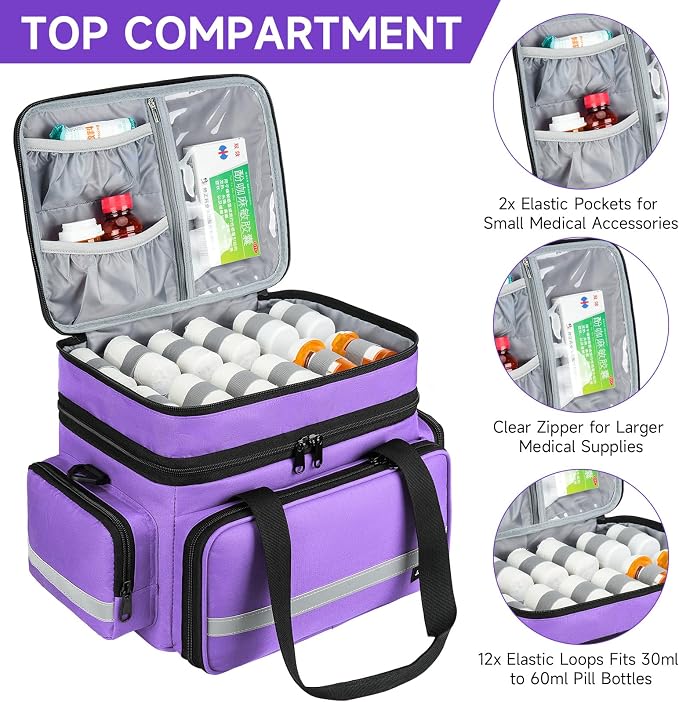 Large Pill Bottle Organizer, Double Layers Medicine Storage Bag with Lockable Zippers and Shoulder Strap,Medication Travel Bag for Prescription Bottles, Vitamins & Medical Supplies, Purple (Bag Only)