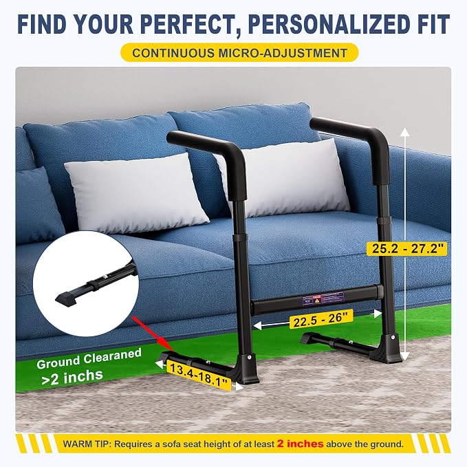 Couch Stand Assist for Elderly Seniors, Adjustable Height & Width, Black | Non-slip handles for secure grip. Supports 400 lbs. Heavy duty frame. Use on couch, chair & low seats.