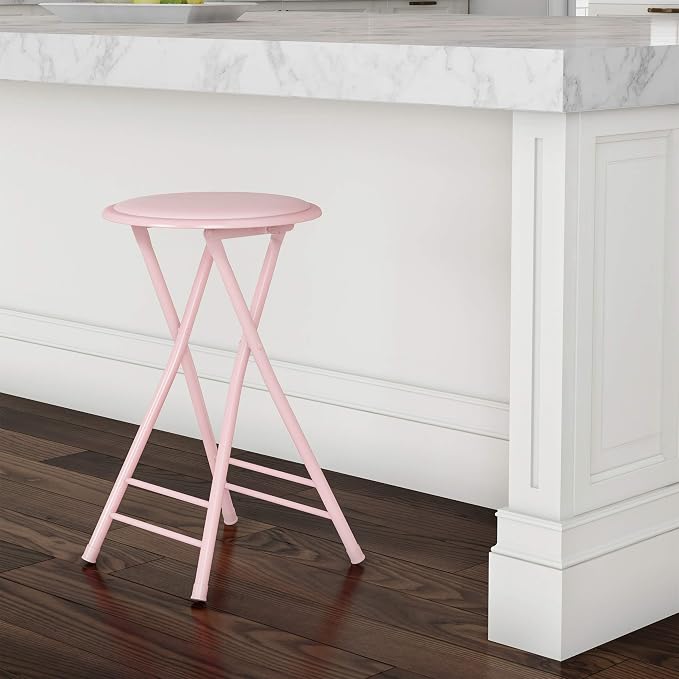Lavish Home Folding Stool with Padded Backless Seat, Pink, 24 Inch | Counter Height Bar Stools with 225lb Capacity, Portable Indoor & Outdoor, Extra Seat for Kitchen, Rec Room or Camping