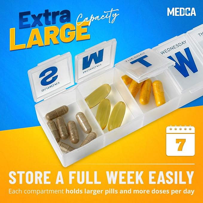 Weekly Pill Organizer - 7-Day Pill Planner Extra Large Pill Planner and Daily Pill Organizer and Medicine Reminder, Monday to Sunday Compartments - BPA Free - Travel Pill Box Case (Pack of 3)