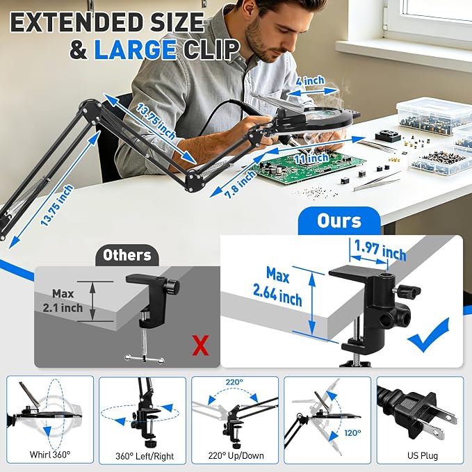 KIRKAS 12X 30X LED Magnifying Lamp with Clamp, 2,200 Lumens Dimmable Bright | 35in Adjust Swivel Arm Magnifying Glass with Light for Repair Reading Craft Needlework Hobby Workbench Magnifier Dust Cover