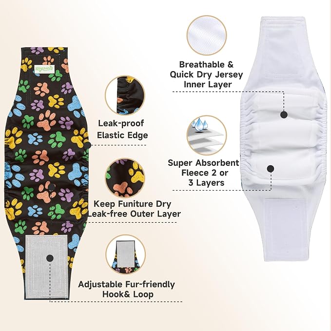 Wegreeco Washable Male Dog Diapers (Pack of 3) - Washable Male Dog Belly Wrap (Colorful Footprints, X-Small)