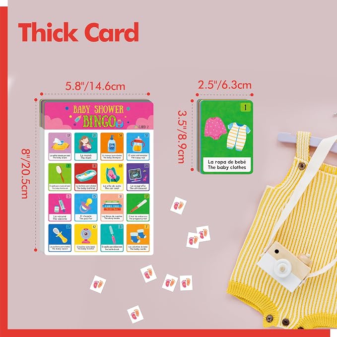 Gethelud Baby Shower Bingo Game, 50 Bilingual Spanish & English Bingo Cards for Gender Reveal Party, Baby Shower, Game Favors, Supplies, Decorations for Adults (50 Players)