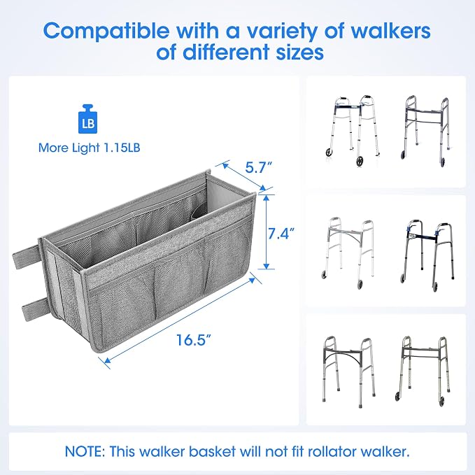 Dotday Upgraded Walker Basket with Cup Holder, Foldable Walker Bag | Basket for Walker for Senior, Walker Accessories for Folding Walker, Large Capacity, Never Tipping Over, Not Fit for Rollator