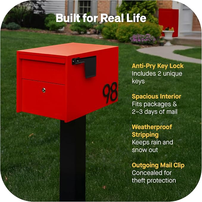 Adoorn Lockable Post Mount Mailboxes for Outside - Small Anti-Theft Locking Mailbox for Packages and Letters - Weatherproof Construction - Durable Steel - 12" H x 12" W x 18.5" D - Red