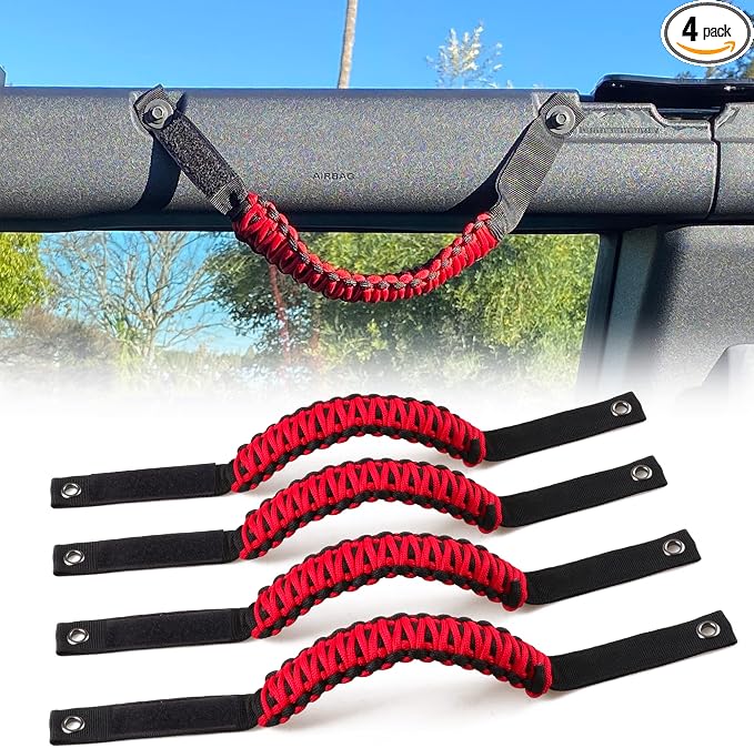 sukemichi Roll Bar Grab Handles for 2021-2026 Ford Bronco 2/4 Door, Red | Paracord handles grab,Fits Bronco 2021-2026 hard & soft top,Off-road safety grip handle,Work with airbag,Not for Sport,4 Pack