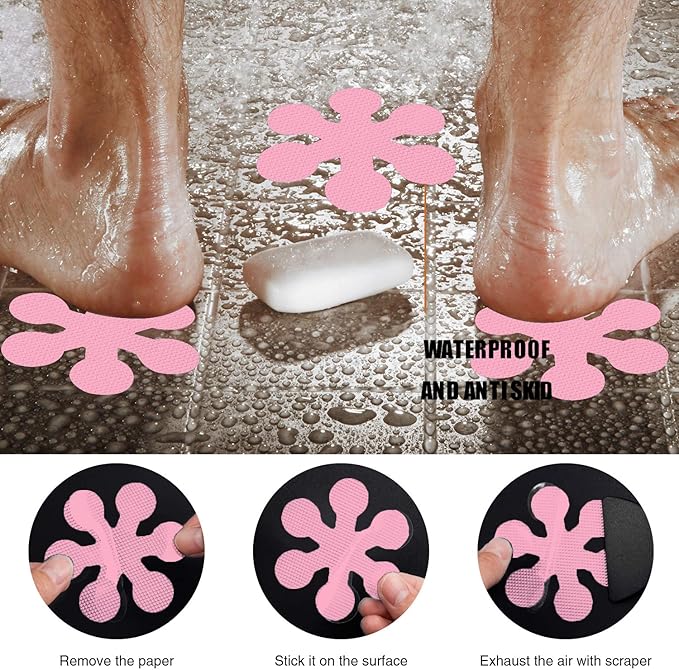 Bathtub Stickers Non-Slip, 24 PCS Safety Shower Treads Adhesive Appliques with Premium Scraper (Pink)