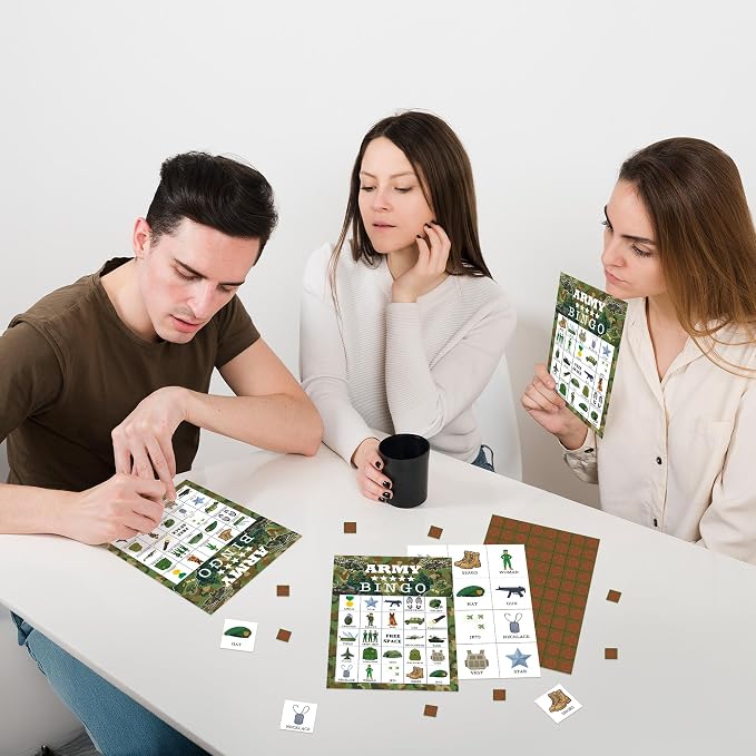 Army Party Bingo Game Cards, Camo Military Bingo Set for Adults Large Group, Camouflage Soldier Fun Party Games, Camo Army Activities Icebreaker Games for Family Friends, 06