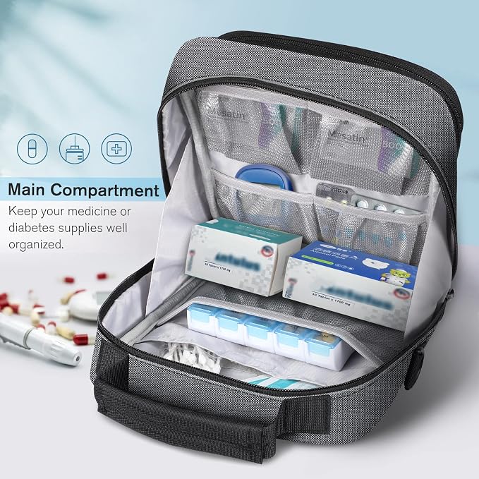 MEDMAX Insulin Cooler EpiPen Carrying Case Insulated, Travel Medication Diabetes Supplies Organizer Bag with Shoulder Strap for Asthma Inhaler, Auvi-Q, Allergy Medicine Essentials (Gray)