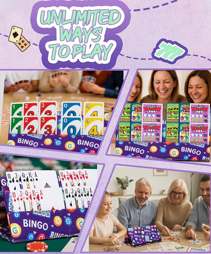 2 Pack Card Holder for Canasta, Poker, Bridge & Casino Games - Bingo Pull Tabs & Gambling Tickets Organizer - Fun Card Game Player Gifts for Adults & Seniors Purple