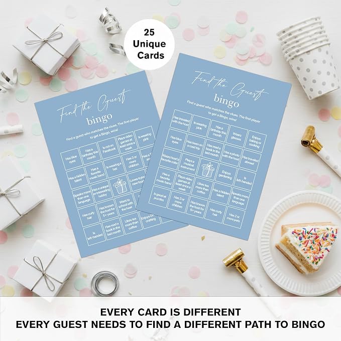 Find The Guest Bingo Cards – 25 Unique Cards, Icebreaker Party Games for Adults, Rustic Blue Mingle Activity for Birthday Parties, Family Reunions, Office Events & Friendsgiving