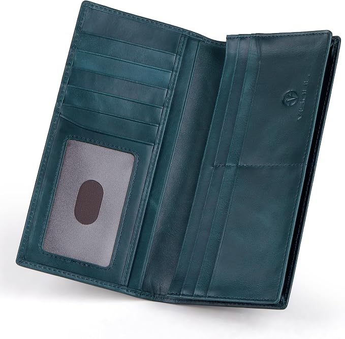 VISOUL Leather Checkbook Cover Wallet for Men with RFID Blocking, Mens Long Bifold Cash Tall Wallet with 11 Credit Card Slots 1 ID Window (Dark Blue)